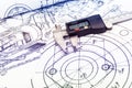 Technical plans with a caliper on the main plan - Zoom in on the caliper Royalty Free Stock Photo