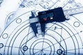 Technical plans with a caliper on the main plan - Zoom in on the caliper Royalty Free Stock Photo