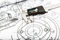 Technical plans with a caliper on the main plan - Zoom in on the caliper Royalty Free Stock Photo