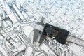 Technical plans with a caliper on the main plan - Zoom in on the caliper Royalty Free Stock Photo