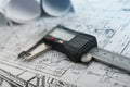 Technical plans with a caliper on the main plan - Zoom in on the caliper Royalty Free Stock Photo