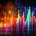 Technical price graph and indicator, red and green candlestick chart on blue theme screen, market volatility, up and Royalty Free Stock Photo