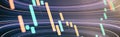 Technical price graph and indicator, red and green candlestick chart on blue theme screen, market volatility, up and down trend. Royalty Free Stock Photo