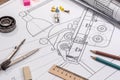 Technical project drawing with engineering tools. Construction background. Royalty Free Stock Photo