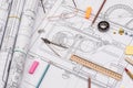 Technical project drawing with engineering tools. Royalty Free Stock Photo