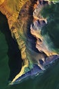Technical satellite scan of a coastal cliff showcasing erosion patterns elevation levels and topographical features in 3D.