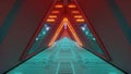 Technical scifi space warship tunnel corridor with glowing wireframe bottom an glass windows 3d illustration wallpaper