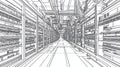 Data Center Server Room Rack Rows Perspective - Line Art Style Royalty Free Stock Photo