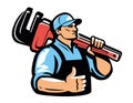 Technical service emblem. Plumber with plumbing wrench logo. Construction, workshop, repair work vector illustration Royalty Free Stock Photo
