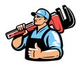 Technical service emblem, workshop logo. Plumber with plumbing wrench. Construction, repair work illustration