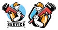 Technical service emblem, workshop logo. Plumber with plumbing wrench. Construction, repair work vector illustration Royalty Free Stock Photo