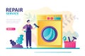 Technical service worker repairing washing machine. Landing page on theme repair service. Plumber in uniform holds wrench