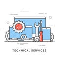 Technical services, computer repair, support. Flat line art styl Royalty Free Stock Photo
