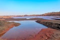 Technical settler of industrial water of mining industry in Kryvyi Rih, Ukraine. Red water polluted with iron ore waste