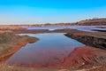 Technical settler of industrial water of mining industry in Kryvyi Rih, Ukraine. Red water polluted with iron ore waste