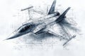 Technical sketch of a modern jet fighter design showcasing detailed specifications and measurements Royalty Free Stock Photo