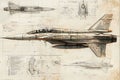 Technical sketch of a jet fighter design featuring detailed drawings and specifications Royalty Free Stock Photo