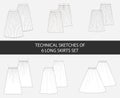 Technical sketches of 6 long skirts set in vector.