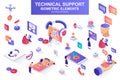 Technical support bundle of isometric elements. Chatbot, call center operator, headset, hotline consultant, online