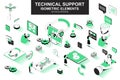 Technical support bundle of isometric elements. Chatbot, call center operator, headset, hotline consultant, online assistance