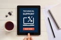 Technical support concept on tablet screen with office objects Royalty Free Stock Photo