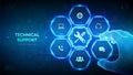Technical support. Customer help. Customer service, Business and technology concept. Wireframe hand places an element into a