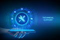 Technical support. Customer help. Tech support application interface on virtual screen. Customer service, Business and technology