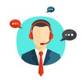 Male call centre operator avatar icon with colorful speech bubbles vector illustration