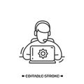 Technical support icon. Service engineer avatar with headset, laptop computer and gear pictogram Royalty Free Stock Photo