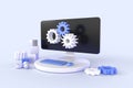 Technical support isometric 3d render. Computer service with gears on pc screen, software development. Concept of