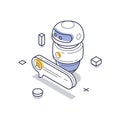 Technical support isometric line art illustration featuring a service robot and tools Royalty Free Stock Photo
