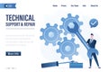 Technical support and repair landing page template. Businessman uses wrench. Big gears, support staff with tools. System or Royalty Free Stock Photo