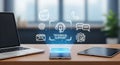 Technical Support Service Icons on Digital Devices, Modern Office Desk Background Royalty Free Stock Photo