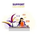 Vector illustration Female customer service. Hotline operator advises client, Online global technical support. Female customer ser