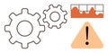 Technical system error concept with gears, alert triangle, and performance graph Royalty Free Stock Photo