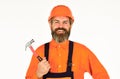 Technical work. Bearded mature man in uniform. Guy with hammer. Good hammer. Almost every household has hammer. Estimate