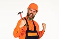 Technical work. Impulse for changes. Bearded mature man in uniform. Guy with hammer. Good hammer. Essential tips for