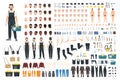 Technical worker creation kit. Set of flat male cartoon character body parts, skin types, facial gestures, clothing