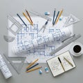 Technical workspace with architectural blueprints spread out Royalty Free Stock Photo
