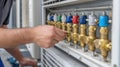 Technician adjusts valve controls on refrigeration unit at commercial building during maintenance check Royalty Free Stock Photo