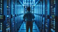 A technician analyzing big data on multiple computer screens Royalty Free Stock Photo