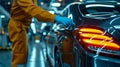 technician applying a paint sealant to a luxury sedan, focusing on the hands-on process