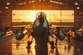 Technician arming an F-16 jet in a hangar at sunset