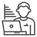 Technician blogger line icon. Statistics chart and user with laptop symbol, outline style pictogram on white background