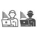 Technician blogger line and solid icon. Statistics chart and user with laptop symbol, outline style pictogram on white