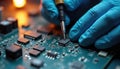 Technician in blue gloves works on green circuit board. Engineer uses precision tool to solder microchip component. Person Royalty Free Stock Photo