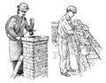 Technician Bricklayer and Man builder on the roof of the house. Gentleman and Worker Engineer in the helmet make repairs