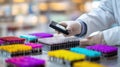 Technician carefully sorting a small number of specimens into colorcoded racks with barcode scanner in hand and Royalty Free Stock Photo