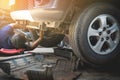 Technician checking engine of car. Auto mechanic checking car en