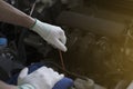 Technician is checking the engine oil. Check engine before traveling Royalty Free Stock Photo